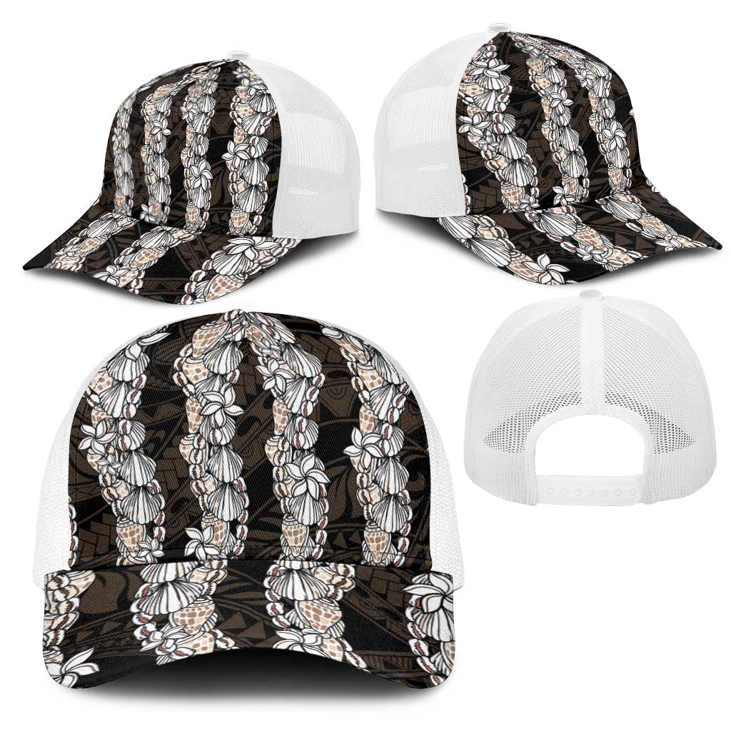 Black and Beige Hawaii Shell Lei Mesh Trucker Cap Hawaiian Sunrise Shell Hebrew Cone Plumeria - Polynesian Pride