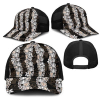Black and Beige Hawaii Shell Lei Mesh Trucker Cap Hawaiian Sunrise Shell Hebrew Cone Plumeria - Polynesian Pride