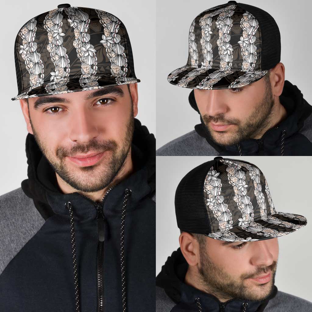 Black and Beige Hawaii Shell Lei Mesh Trucker Cap Hawaiian Sunrise Shell Hebrew Cone Plumeria - Polynesian Pride