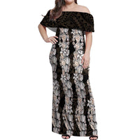 Black and Beige Hawaii Shell Lei Off Shoulder Maxi Dress Hawaiian Sunrise Shell Hebrew Cone Plumeria - Polynesian Pride