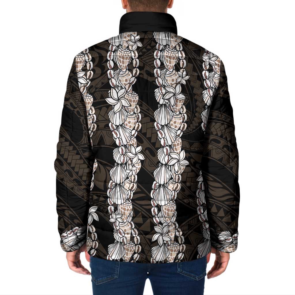 Black and Beige Hawaii Shell Lei Padded Jacket Hawaiian Sunrise Shell Hebrew Cone Plumeria - Polynesian Pride