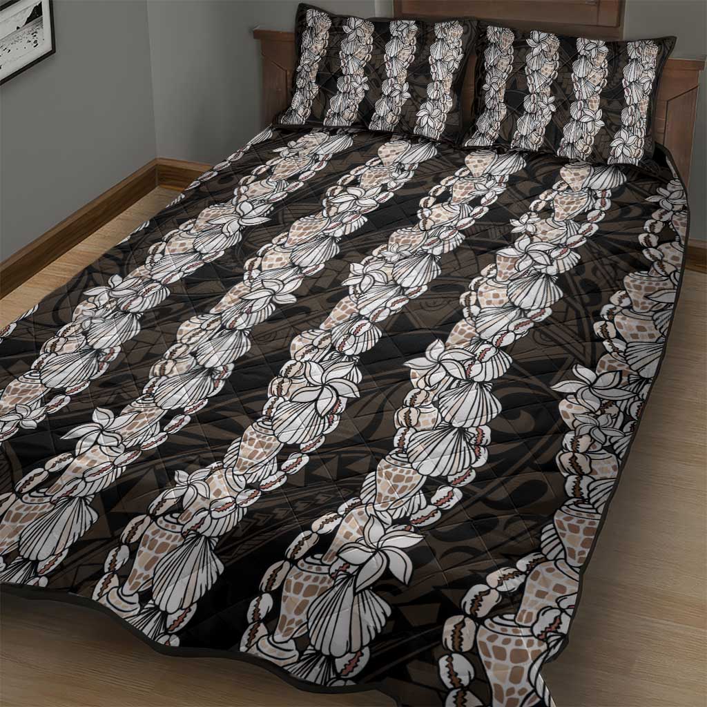 Black and Beige Hawaii Shell Lei Quilt Bed Set Hawaiian Sunrise Shell Hebrew Cone Plumeria - Polynesian Pride