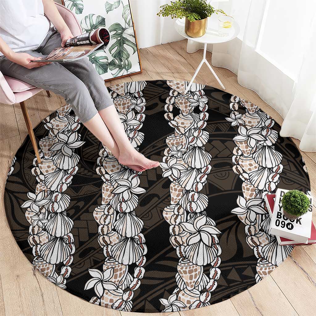 Black and Beige Hawaii Shell Lei Round Carpet Hawaiian Sunrise Shell Hebrew Cone Plumeria - Polynesian Pride