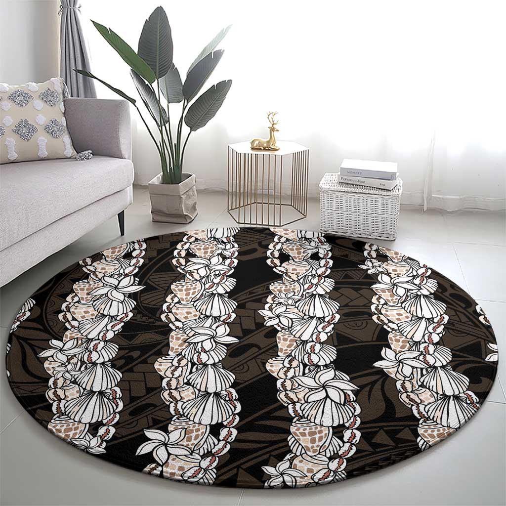 Black and Beige Hawaii Shell Lei Round Carpet Hawaiian Sunrise Shell Hebrew Cone Plumeria - Polynesian Pride