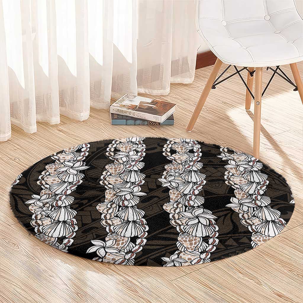 Black and Beige Hawaii Shell Lei Round Carpet Hawaiian Sunrise Shell Hebrew Cone Plumeria - Polynesian Pride