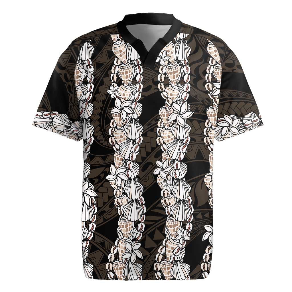 Black and Beige Hawaii Shell Lei Rugby Jersey Hawaiian Sunrise Shell Hebrew Cone Plumeria - Polynesian Pride