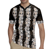 Black and Beige Hawaii Shell Lei Rugby Jersey Hawaiian Sunrise Shell Hebrew Cone Plumeria - Polynesian Pride