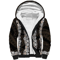 Black and Beige Hawaii Shell Lei Sherpa Hoodie Hawaiian Sunrise Shell Hebrew Cone Plumeria - Polynesian Pride