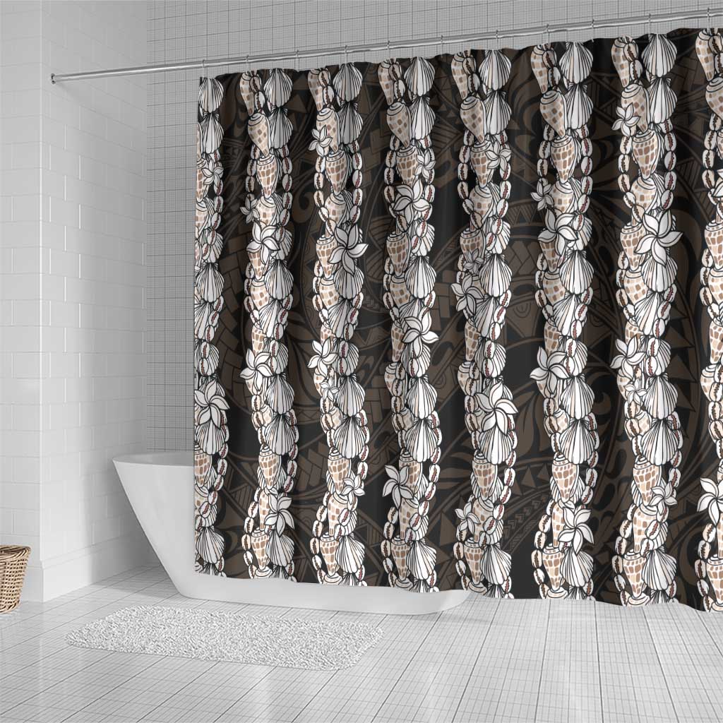 Black and Beige Hawaii Shell Lei Shower Curtain Hawaiian Sunrise Shell Hebrew Cone Plumeria - Polynesian Pride