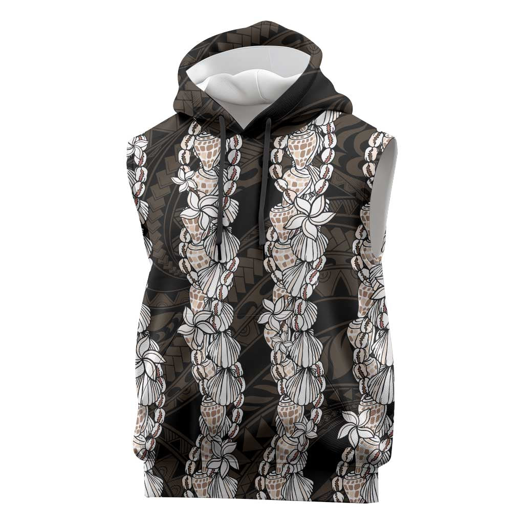Black and Beige Hawaii Shell Lei Sleeveless Hoodie Hawaiian Sunrise Shell Hebrew Cone Plumeria - Polynesian Pride