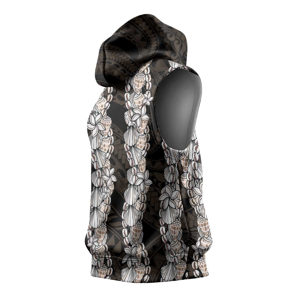 Black and Beige Hawaii Shell Lei Sleeveless Hoodie Hawaiian Sunrise Shell Hebrew Cone Plumeria - Polynesian Pride