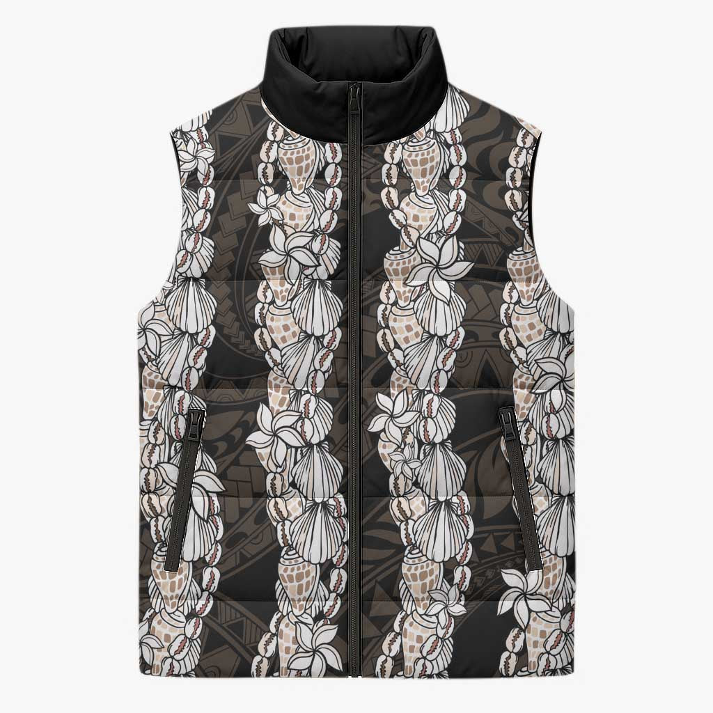 Black and Beige Hawaii Shell Lei Sleeveless Puffer Jacket Hawaiian Sunrise Shell Hebrew Cone Plumeria - Polynesian Pride