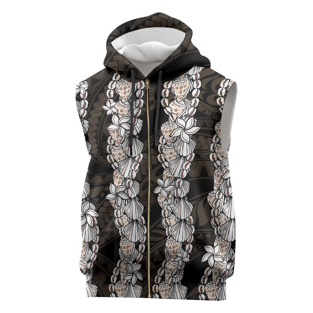 Black and Beige Hawaii Shell Lei Sleeveless Zip Hoodie Hawaiian Sunrise Shell Hebrew Cone Plumeria - Polynesian Pride