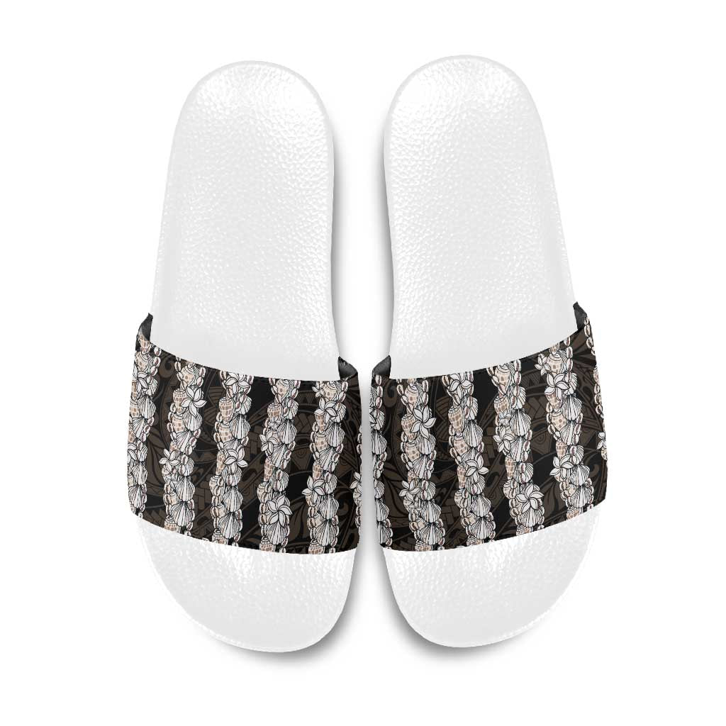 Black and Beige Hawaii Shell Lei Slide Sandals Hawaiian Sunrise Shell Hebrew Cone Plumeria - Polynesian Pride