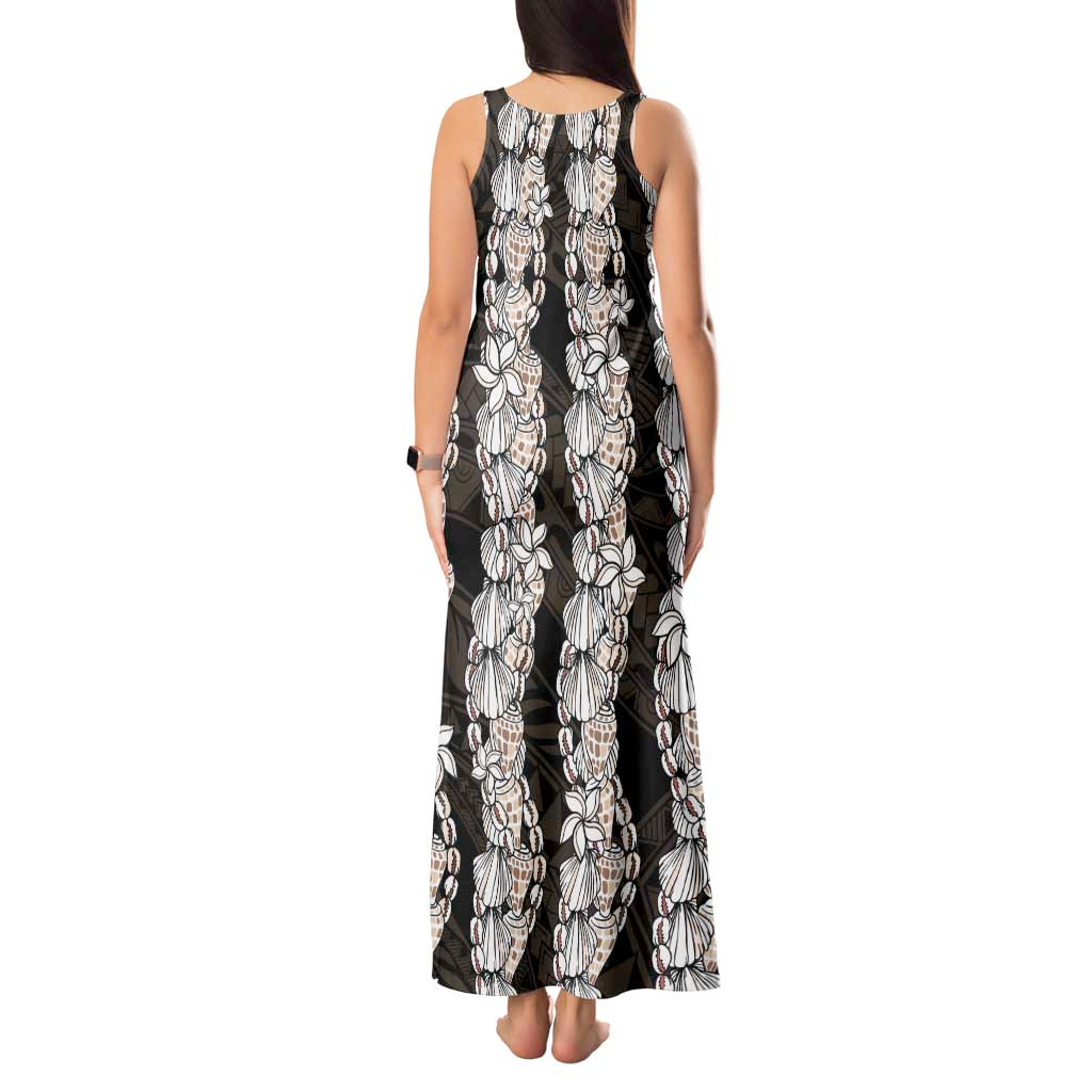 Black and Beige Hawaii Shell Lei Tank Maxi Dress Hawaiian Sunrise Shell Hebrew Cone Plumeria - Polynesian Pride