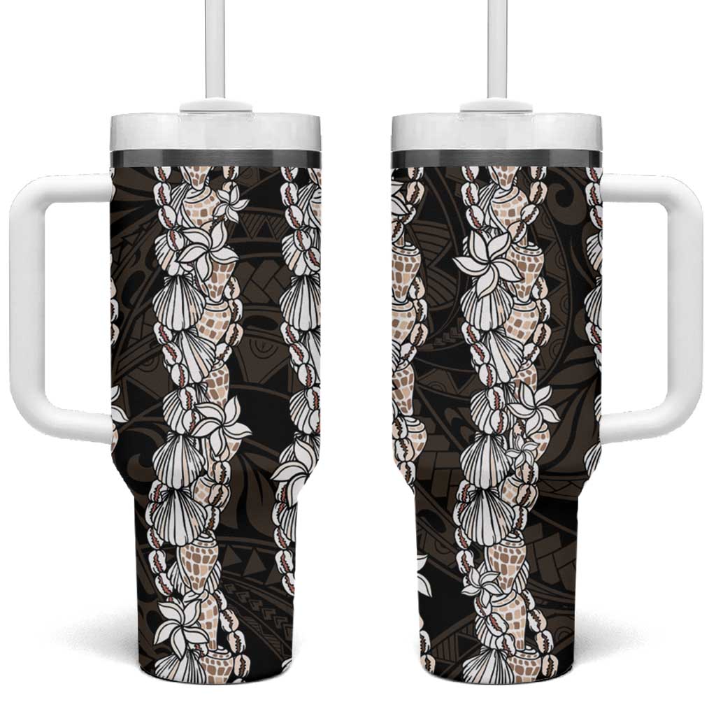 Black and Beige Hawaii Shell Lei Tumbler With Handle Hawaiian Sunrise Shell Hebrew Cone Plumeria - Polynesian Pride