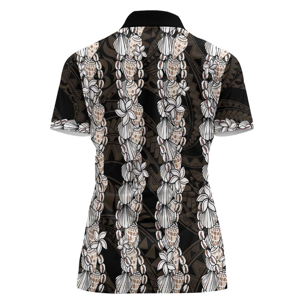 Black and Beige Hawaii Shell Lei Women Polo Shirt Hawaiian Sunrise Shell Hebrew Cone Plumeria - Polynesian Pride