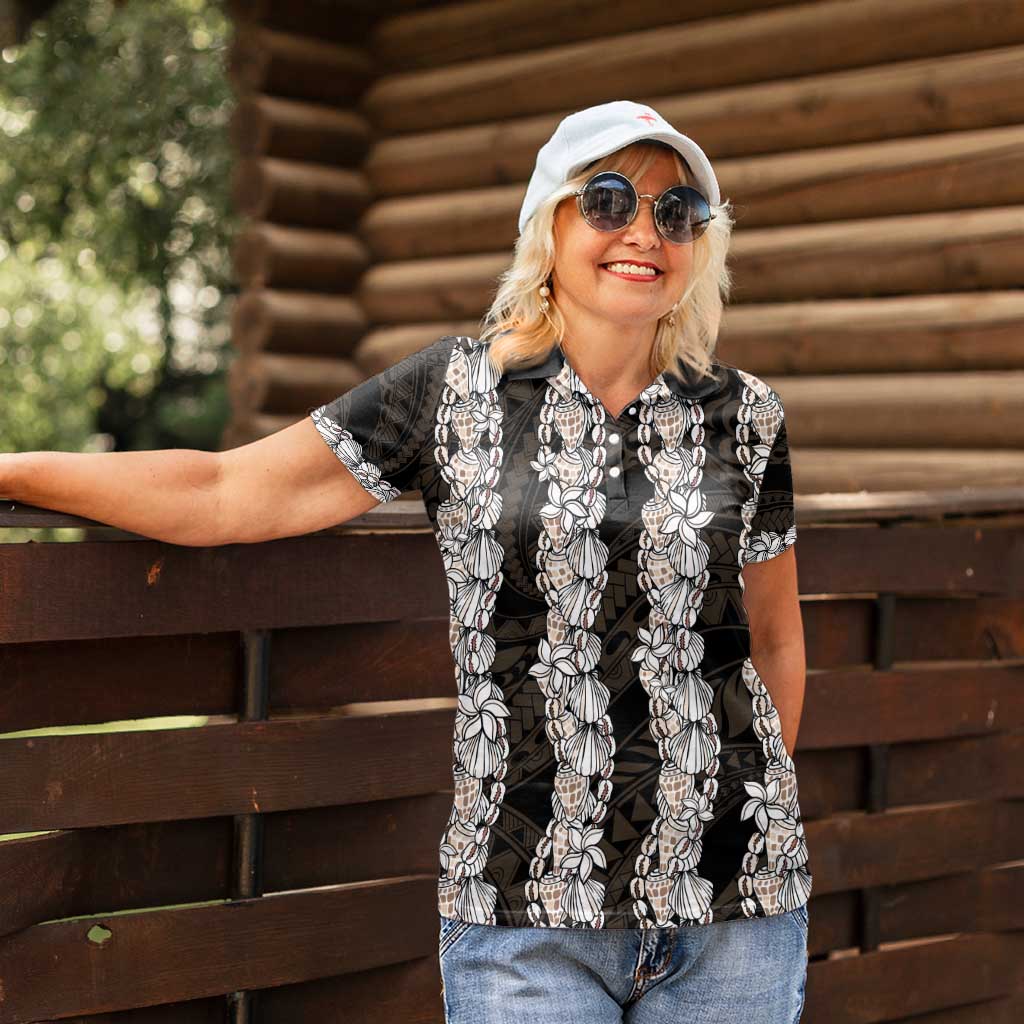 Black and Beige Hawaii Shell Lei Women Polo Shirt Hawaiian Sunrise Shell Hebrew Cone Plumeria - Polynesian Pride
