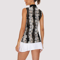 Black and Beige Hawaii Shell Lei Women Sleeveless Polo Shirt Hawaiian Sunrise Shell Hebrew Cone Plumeria - Polynesian Pride