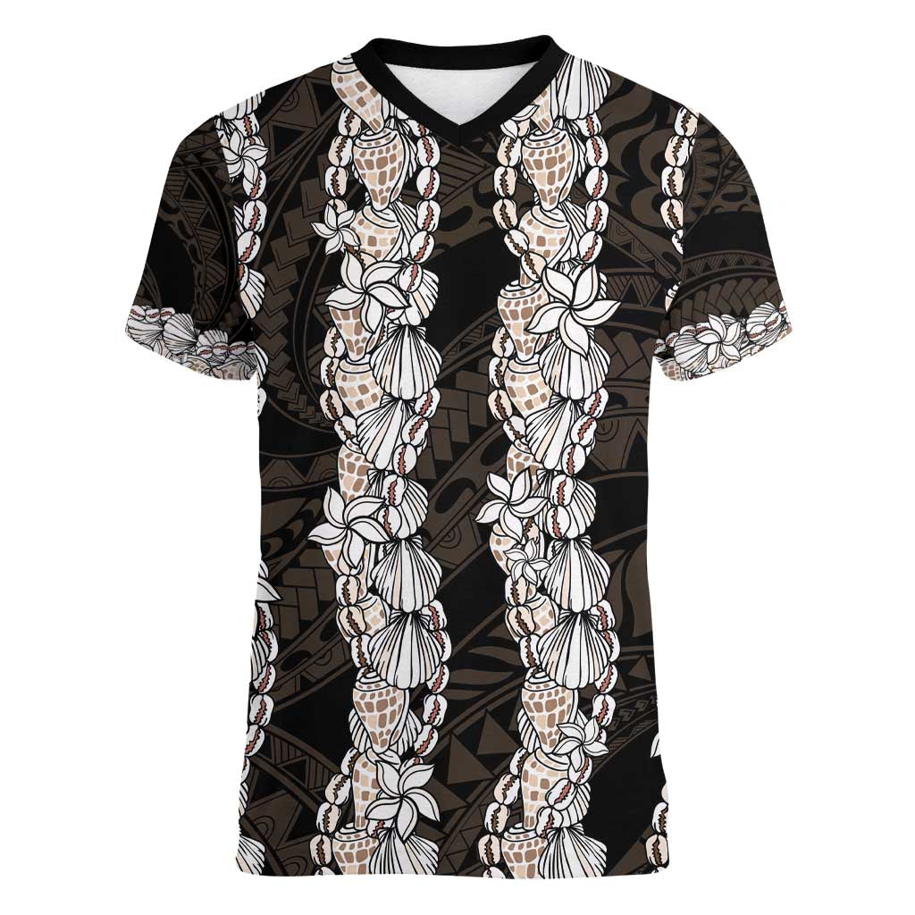 Black and Beige Hawaii Shell Lei Women V-Neck T-Shirt Hawaiian Sunrise Shell Hebrew Cone Plumeria - Polynesian Pride