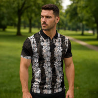 Black and Beige Hawaii Shell Lei Zipper Polo Shirt Hawaiian Sunrise Shell Hebrew Cone Plumeria - Polynesian Pride