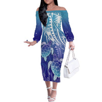 Polynesia Sea Turtle Family Matching Off Shoulder Long Sleeve Dress and Hawaiian Shirt Happy Valentine Day Polynesian - Dark Cyan LT14 Mom's Dress Dark Cyan - Polynesian Pride