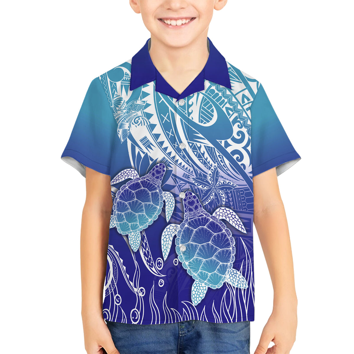Polynesia Sea Turtle Family Matching Off Shoulder Long Sleeve Dress and Hawaiian Shirt Happy Valentine Day Polynesian - Dark Cyan LT14 Son's Shirt Dark Cyan - Polynesian Pride