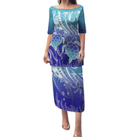 Polynesia Sea Turtle Family Matching Puletasi Dress and Hawaiian Shirt Happy Valentine Day Polynesian - Dark Cyan LT14 Mom's Dress Dark Cyan - Polynesian Pride