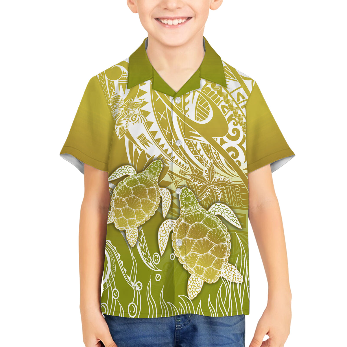 Polynesia Sea Turtle Family Matching Off Shoulder Long Sleeve Dress and Hawaiian Shirt Happy Valentine Day Polynesian - Gold LT14 Son's Shirt Gold - Polynesian Pride