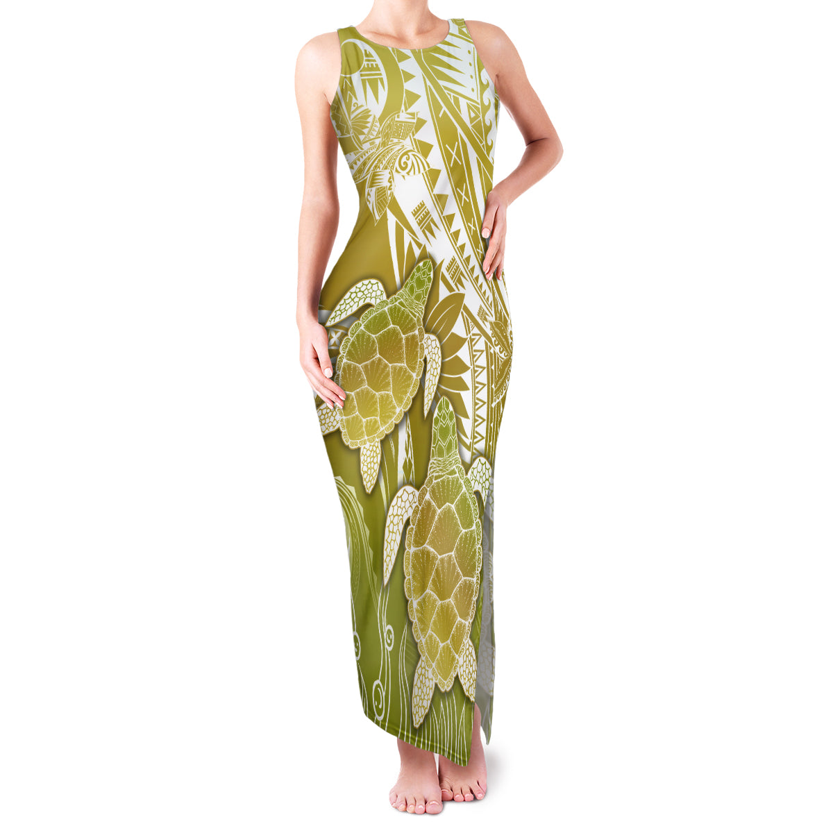 Polynesia Sea Turtle Family Matching Tank Maxi Dress and Hawaiian Shirt Happy Valentine Day Polynesian - Gold LT14 Mom's Dress Gold - Polynesian Pride
