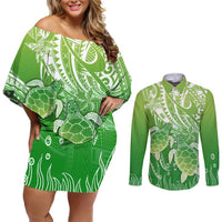 Polynesia Sea Turtle Couples Matching Off Shoulder Short Dress and Long Sleeve Button Shirt Happy Valentine Day Polynesian - Green LT14 Green - Polynesian Pride