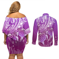 Polynesia Valentine Day Couples Matching Off Shoulder Short Dress and Long Sleeve Button Shirt Polynesian Sea Turtle Purple Version LT14 - Polynesian Pride