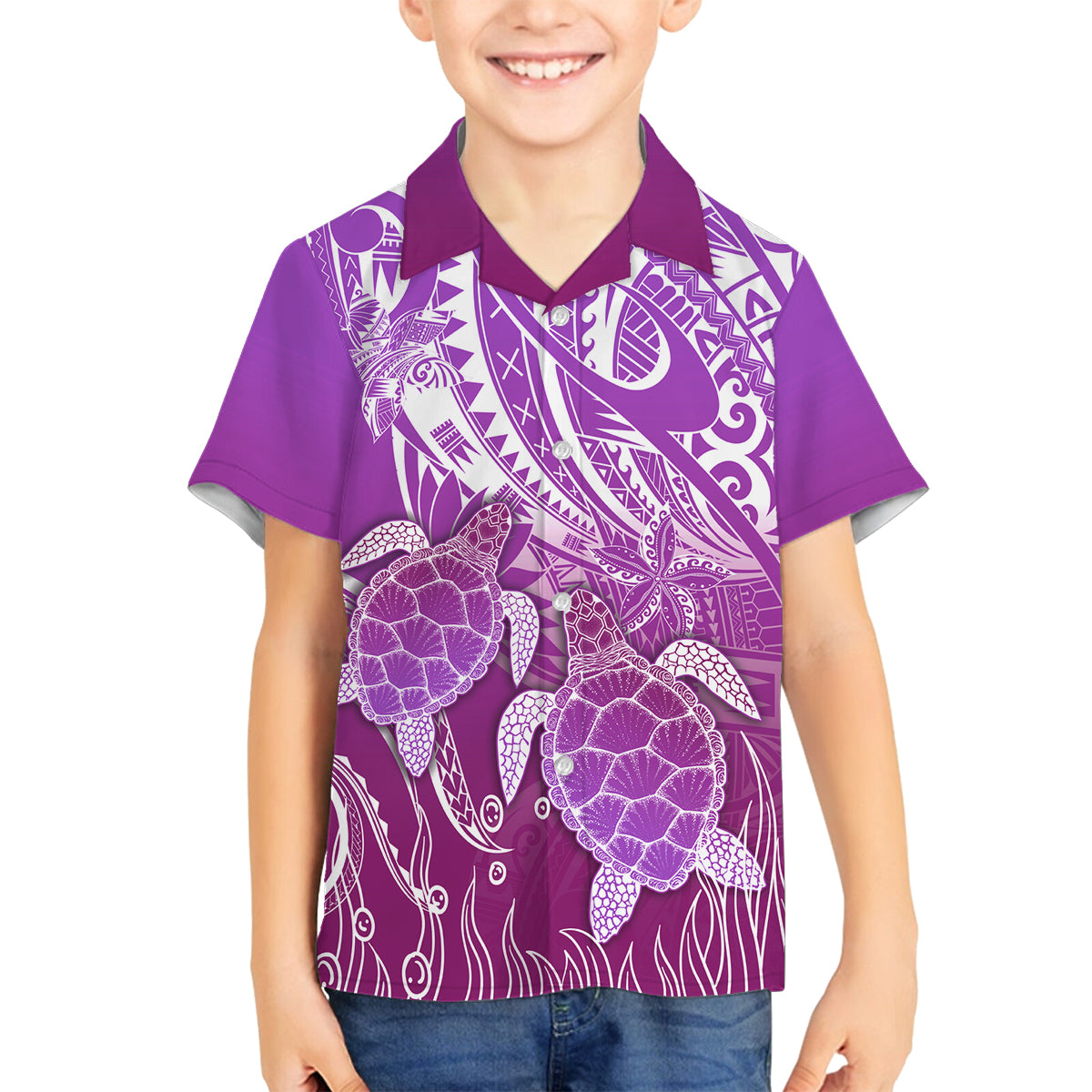 Polynesia Valentine Day Family Matching Summer Maxi Dress and Hawaiian Shirt Polynesian Sea Turtle Purple Version LT14 Son's Shirt Purple - Polynesian Pride