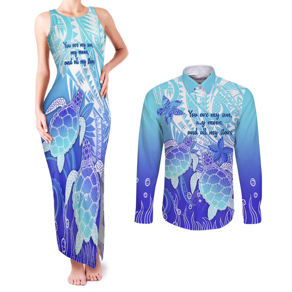Polynesia Valentine Day Couples Matching Tank Maxi Dress and Long Sleeve Button Shirt Polynesian Sea Turtle Turquoise Version LT14 Turquoise - Polynesian Pride