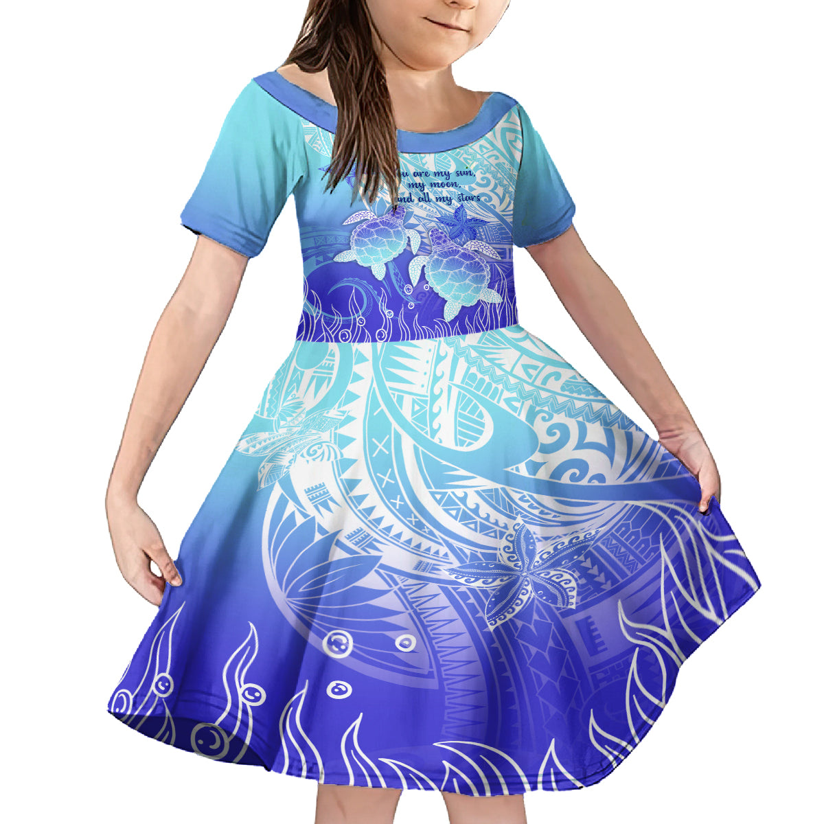 Polynesia Valentine Day Family Matching Tank Maxi Dress and Hawaiian Shirt Polynesian Sea Turtle Turquoise Version LT14 Daughter's Dress Turquoise - Polynesian Pride