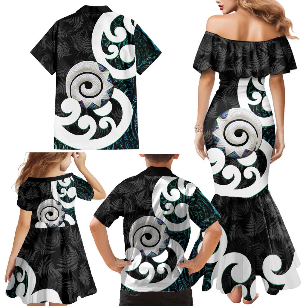Aotearoa Koru Family Matching Mermaid Dress and Hawaiian Shirt Cyan Maori Paua Shell Mix Silver Fern LT14 - Polynesian Pride