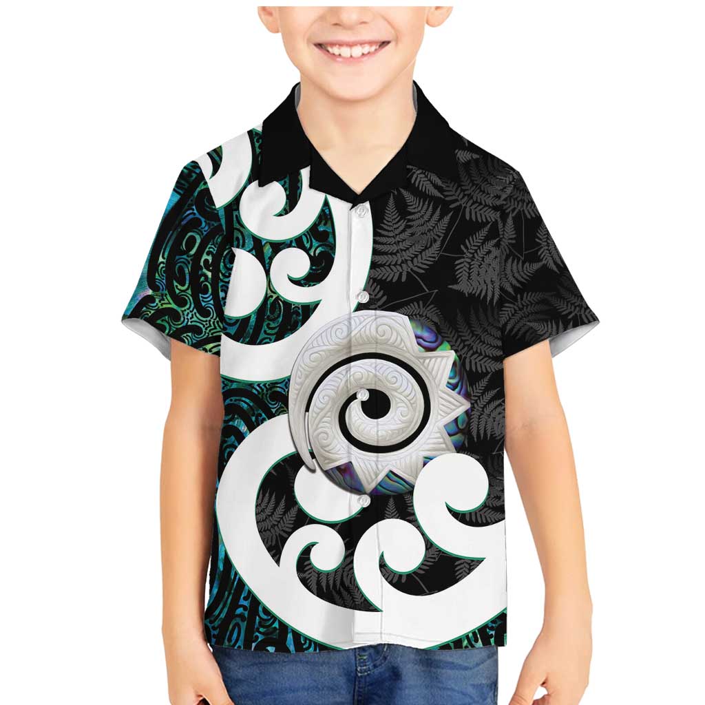 Aotearoa Koru Family Matching Mermaid Dress and Hawaiian Shirt Cyan Maori Paua Shell Mix Silver Fern LT14 Son's Shirt Black - Polynesian Pride