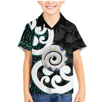 Aotearoa Koru Family Matching Mermaid Dress and Hawaiian Shirt Cyan Maori Paua Shell Mix Silver Fern LT14 Son's Shirt Black - Polynesian Pride