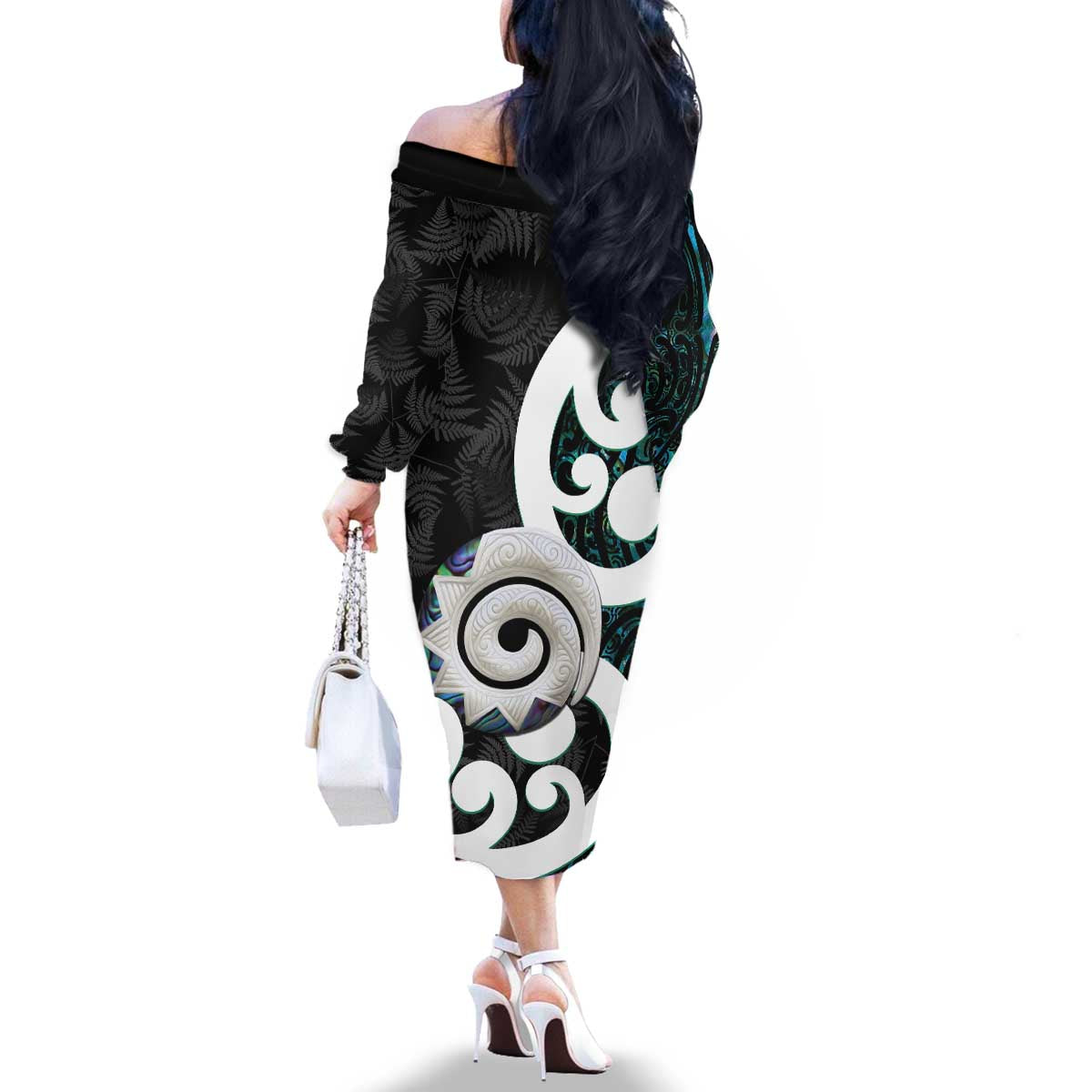 Aotearoa Koru Family Matching Off The Shoulder Long Sleeve Dress and Hawaiian Shirt Cyan Maori Paua Shell Mix Silver Fern LT14 - Polynesian Pride