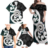 Aotearoa Koru Family Matching Off Shoulder Maxi Dress and Hawaiian Shirt Cyan Maori Paua Shell Mix Silver Fern LT14 - Polynesian Pride