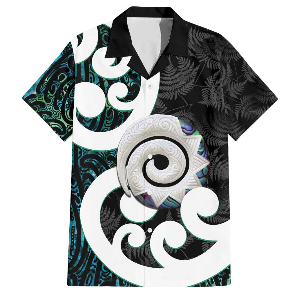 Aotearoa Koru Family Matching Off Shoulder Maxi Dress and Hawaiian Shirt Cyan Maori Paua Shell Mix Silver Fern LT14 Dad's Shirt - Short Sleeve Black - Polynesian Pride