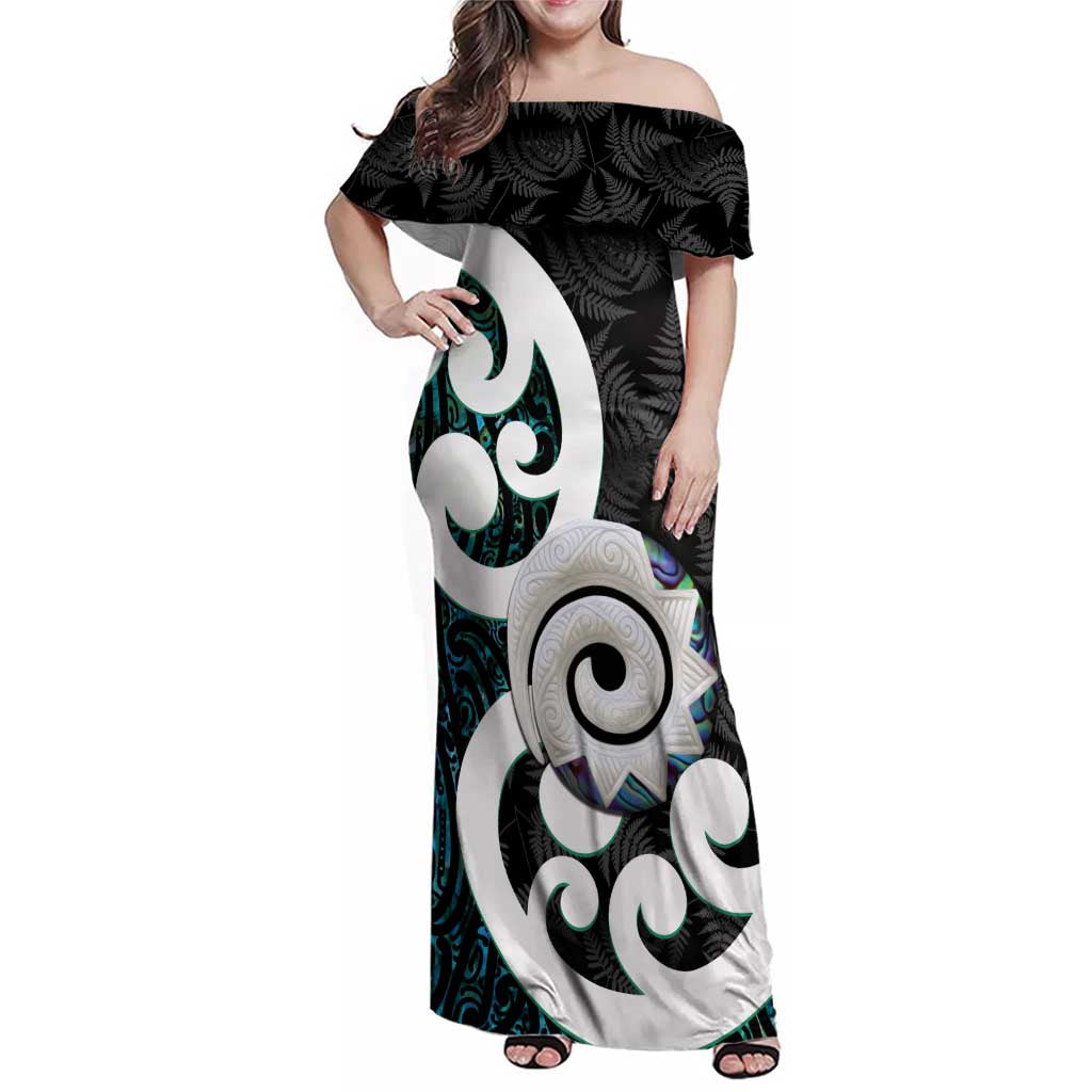 Aotearoa Koru Family Matching Off Shoulder Maxi Dress and Hawaiian Shirt Cyan Maori Paua Shell Mix Silver Fern LT14 Mom's Dress Black - Polynesian Pride