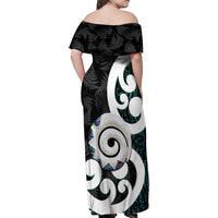Aotearoa Koru Family Matching Off Shoulder Maxi Dress and Hawaiian Shirt Cyan Maori Paua Shell Mix Silver Fern LT14 - Polynesian Pride