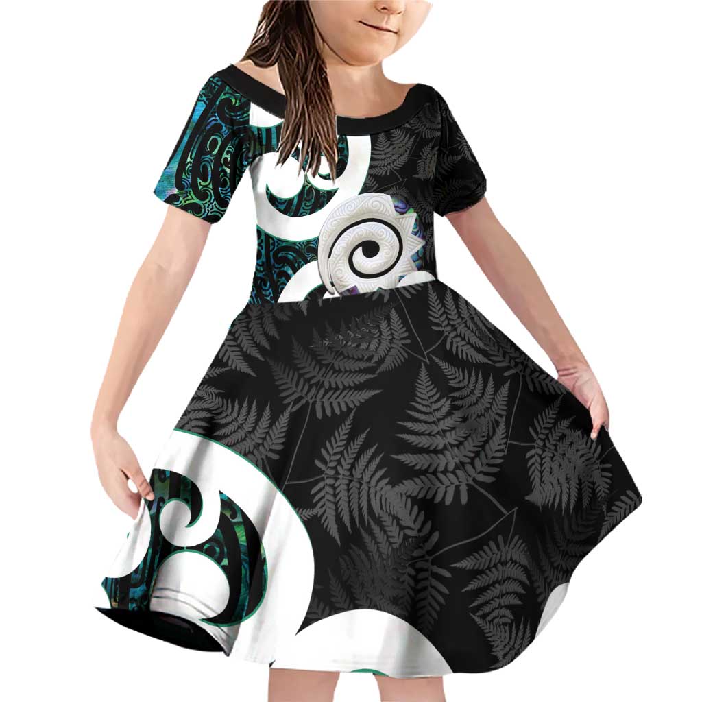 Aotearoa Koru Family Matching Off Shoulder Short Dress and Hawaiian Shirt Cyan Maori Paua Shell Mix Silver Fern LT14 Daughter's Dress Black - Polynesian Pride