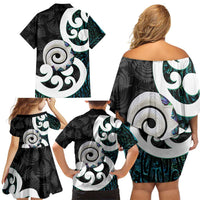Aotearoa Koru Family Matching Off Shoulder Short Dress and Hawaiian Shirt Cyan Maori Paua Shell Mix Silver Fern LT14 - Polynesian Pride
