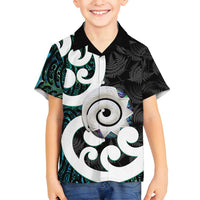 Aotearoa Koru Family Matching Off Shoulder Short Dress and Hawaiian Shirt Cyan Maori Paua Shell Mix Silver Fern LT14 Son's Shirt Black - Polynesian Pride