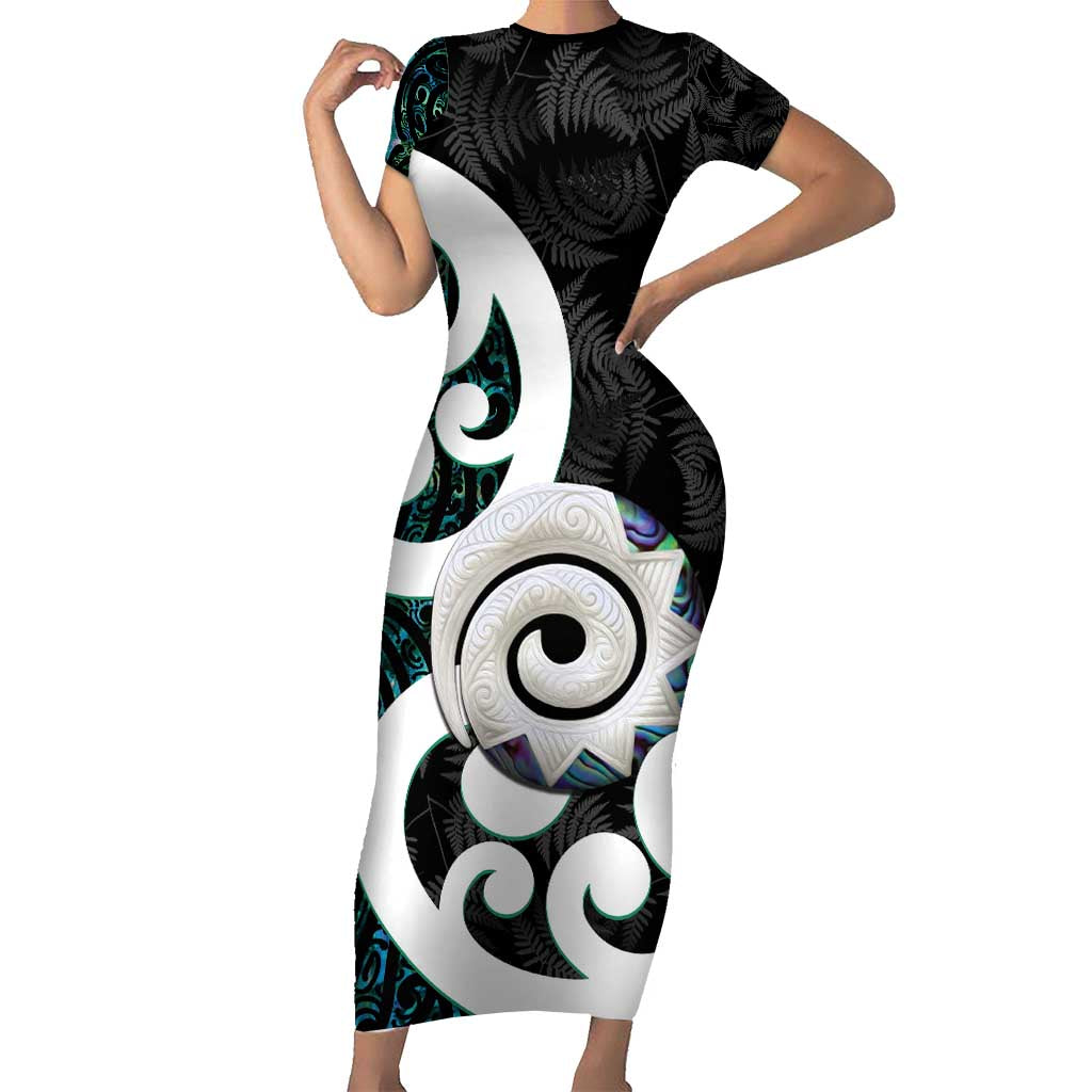 Aotearoa Koru Family Matching Short Sleeve Bodycon Dress and Hawaiian Shirt Cyan Maori Paua Shell Mix Silver Fern LT14 Mom's Dress Black - Polynesian Pride