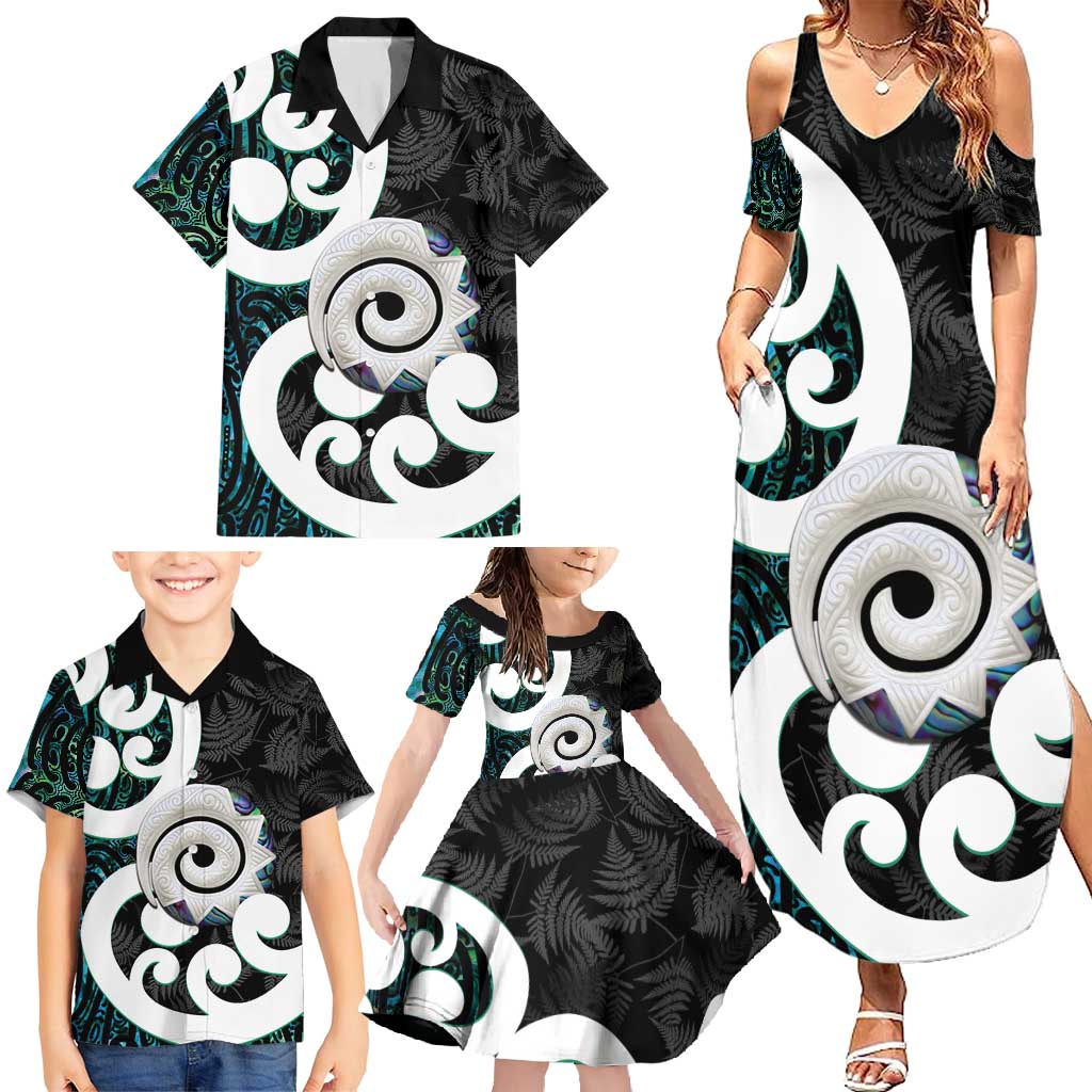 Aotearoa Koru Family Matching Summer Maxi Dress and Hawaiian Shirt Cyan Maori Paua Shell Mix Silver Fern LT14 - Polynesian Pride