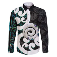 Aotearoa Koru Family Matching Summer Maxi Dress and Hawaiian Shirt Cyan Maori Paua Shell Mix Silver Fern LT14 Dad's Shirt - Long Sleeve Black - Polynesian Pride