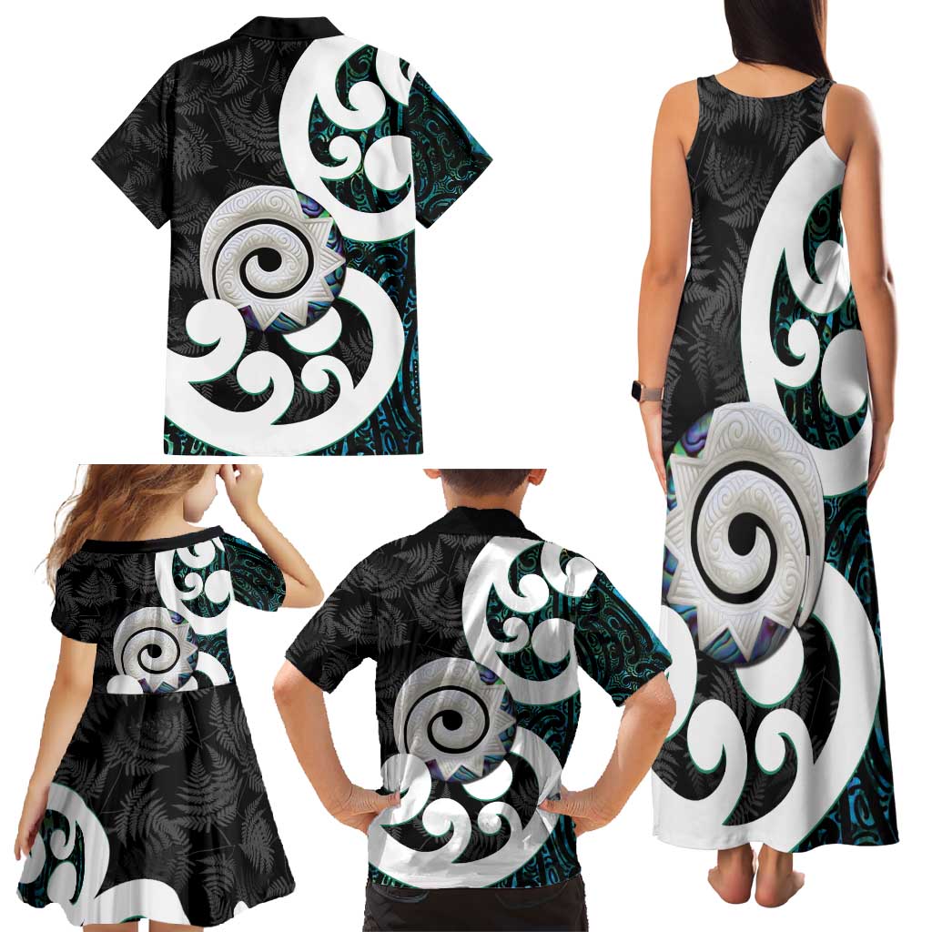 Aotearoa Koru Family Matching Tank Maxi Dress and Hawaiian Shirt Cyan Maori Paua Shell Mix Silver Fern LT14 - Polynesian Pride
